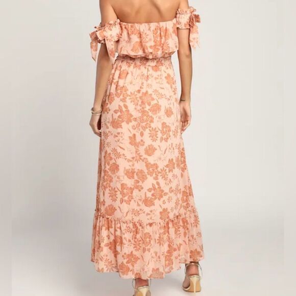 Lulus Love & Blooms Blush Floral Print Off Shoulder Dress M Peach NWT IN PKG - Picture 2 of 9